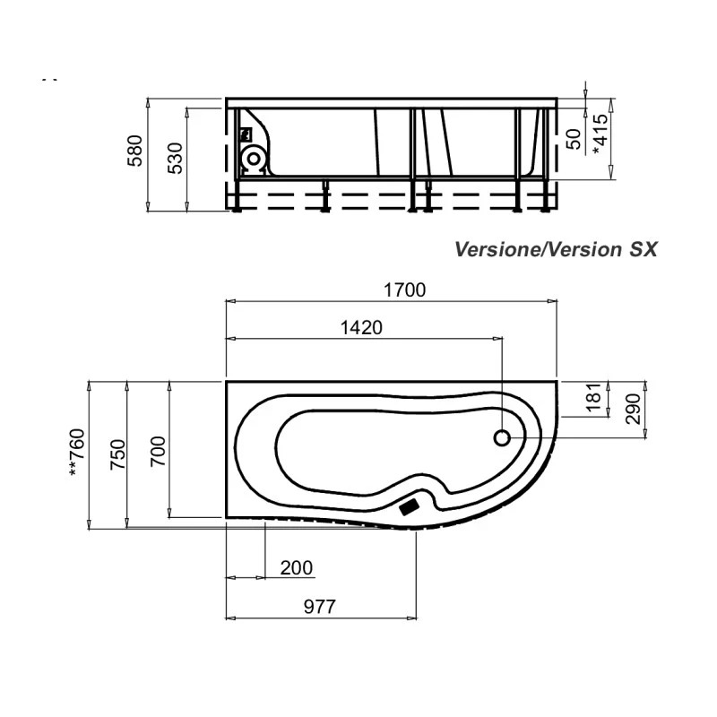 Guscio vasca 170 x 70 sx rettangolare genny solo online