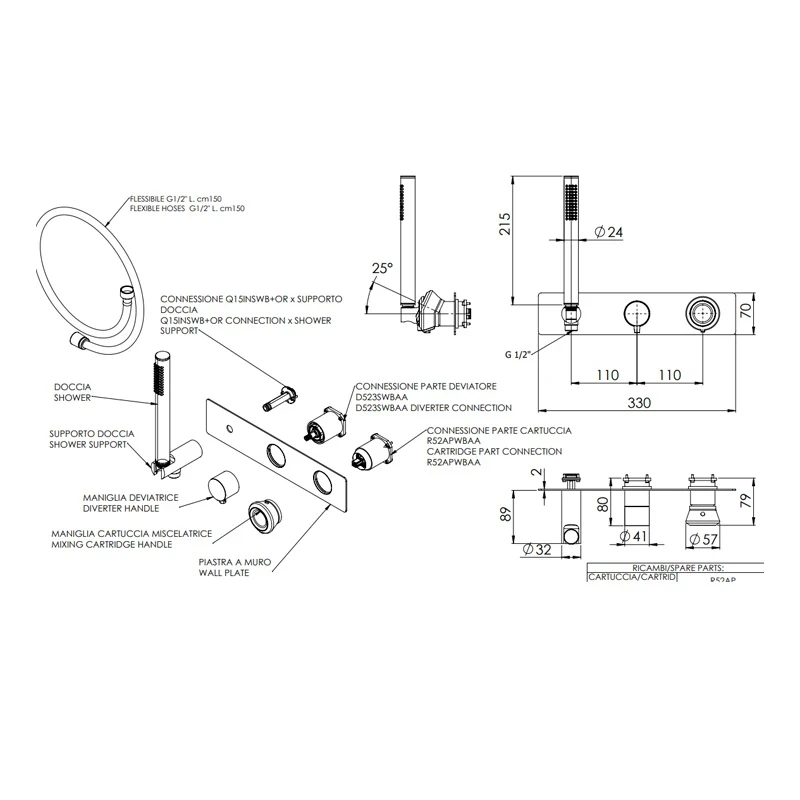 Set miscelatore a incasso a 3 vie per vasca/doccia su piastra rettangolare ultra-piatta cromato - serie Element