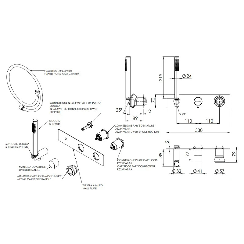 Set miscelatore a incasso a 2 vie in ottone per vasca/doccia su piastra rettangolare - serie Element