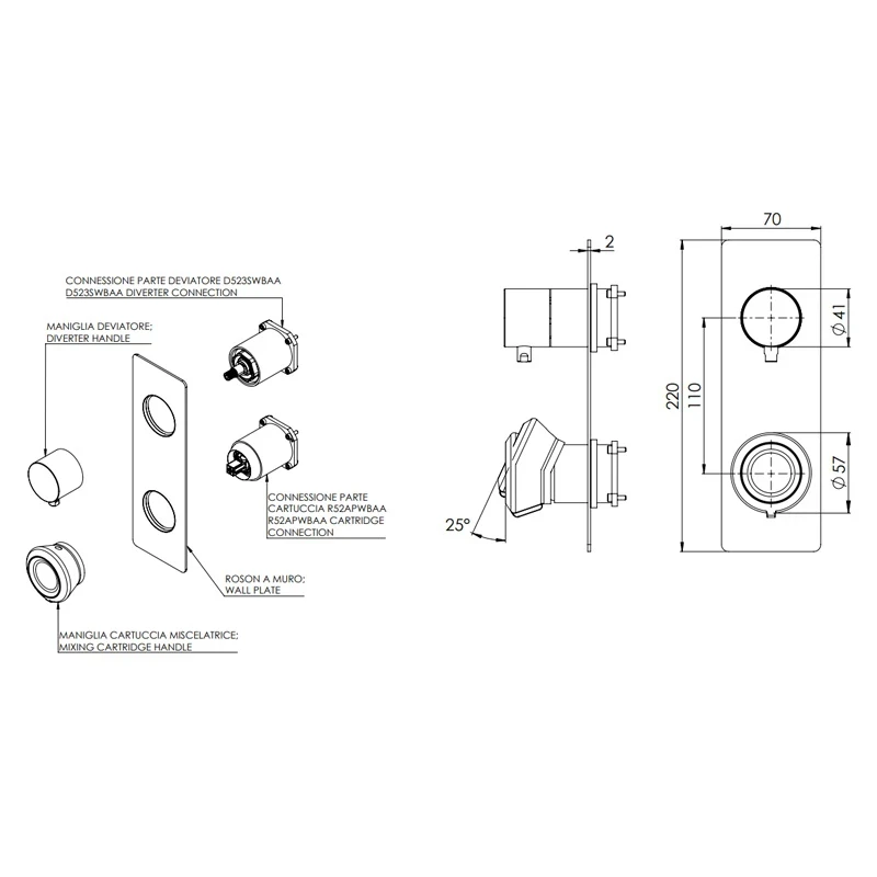 Miscelatore Remer incasso verticale per vasca/doccia con deviatore a 3 vie - serie Element