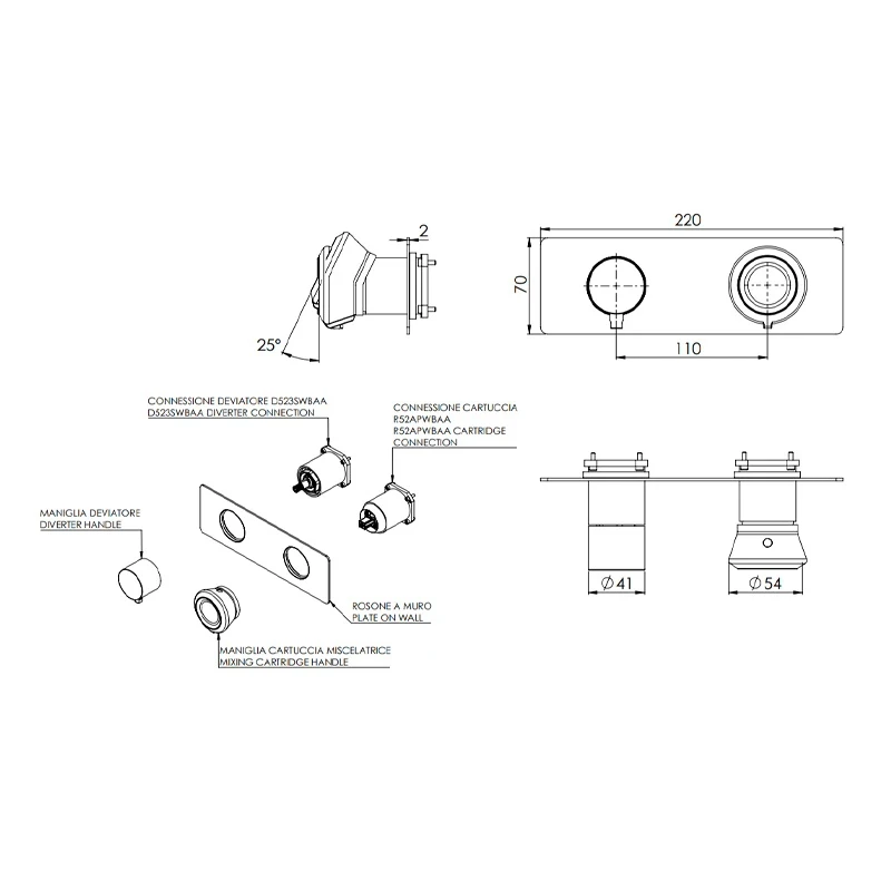 Miscelatore a incasso di design per vasca/doccia con deviatore a 3 vie di tipo meccanico - serie Element
