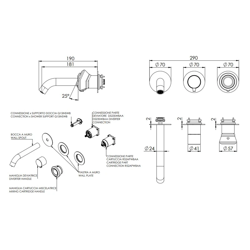 Set miscelatore a incasso a 3 vie per vasca o doccia su 3 piastre tonde - serie Element