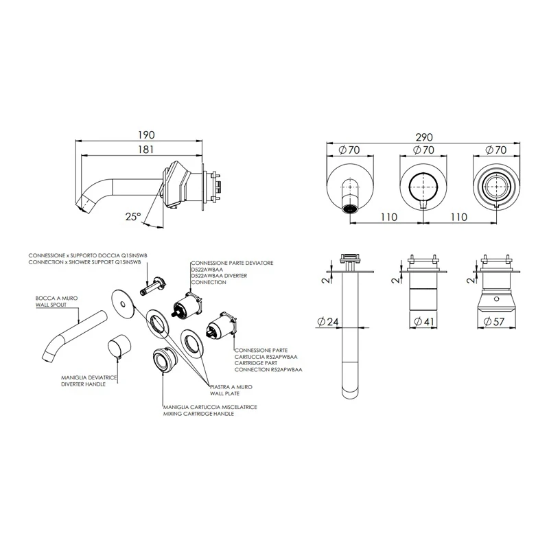Set miscelatore a incasso a 2 vie per vasca o doccia su 3 piastre tonde - serie Element