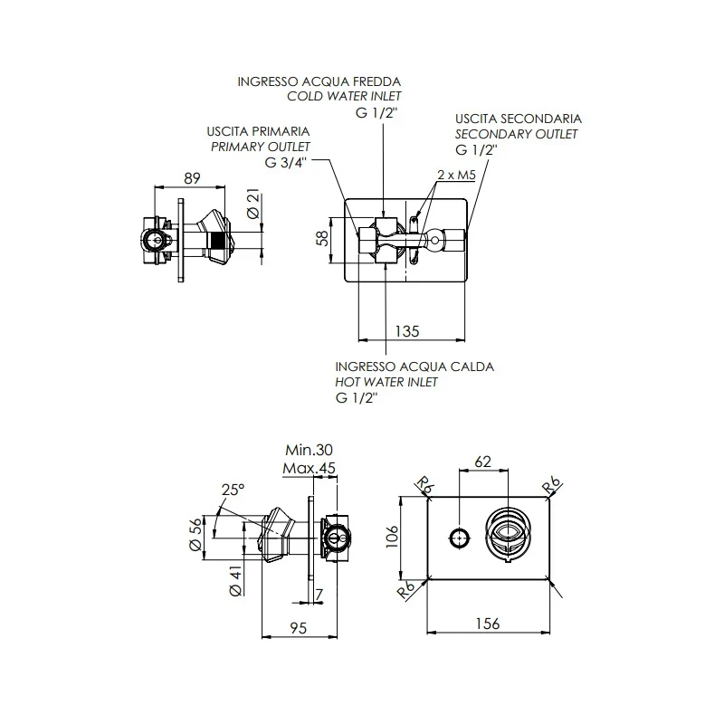 Miscelatore a incasso per vasca o doccia con deviatore a 2 vie su piastra rettangolare - serie Element