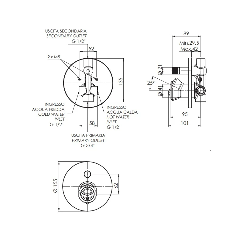 Miscelatore a incasso per vasca o doccia con deviatore a 2 vie a vitone ceramico - serie Element