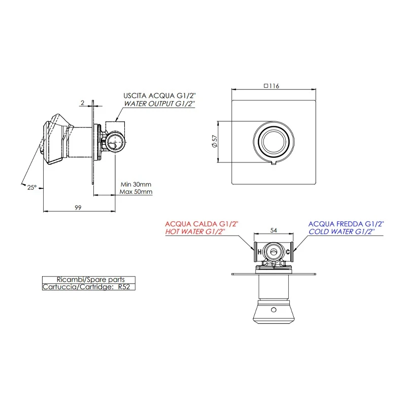 Miscelatore vasca o doccia da incasso senza deviatore su piastra quadrata - serie Element
