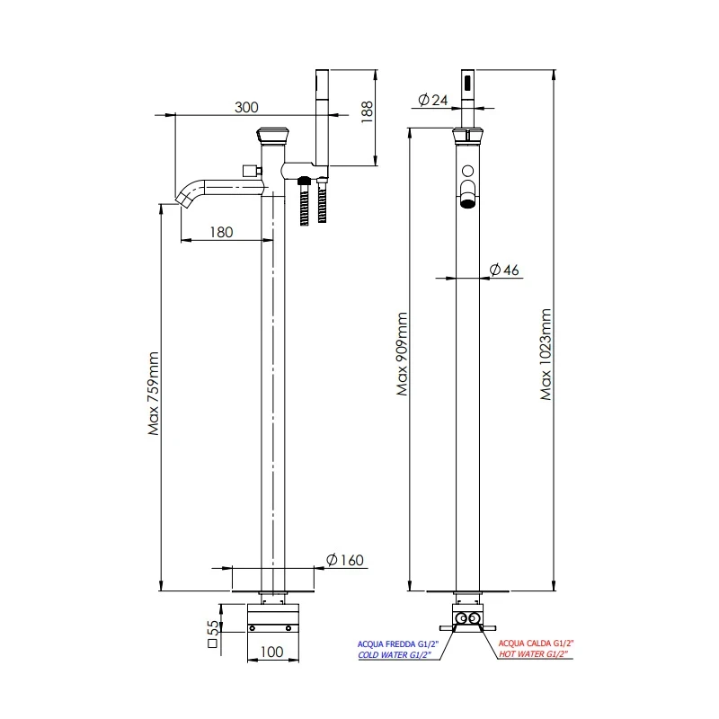 Miscelatore vasca da pavimento autoportante con deviatore e kit doccia - serie Element