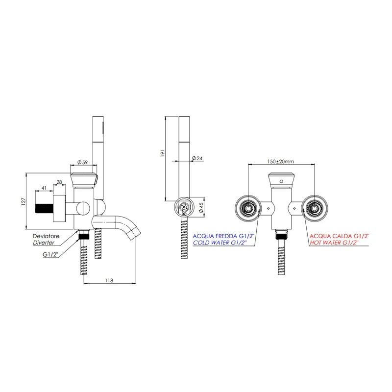 Miscelatore vasca esterno con flessibile 150 cm e doccetta a 1 funzione - serie Element