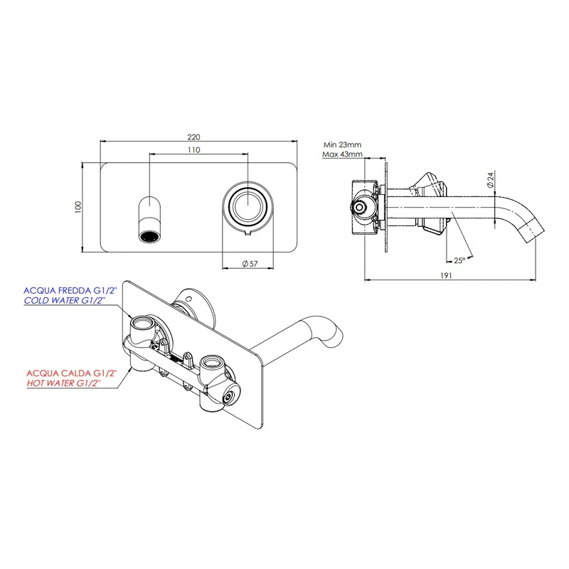 Miscelatore a incasso ultra-piatto per lavabo, bocca 17 cm - serie Element