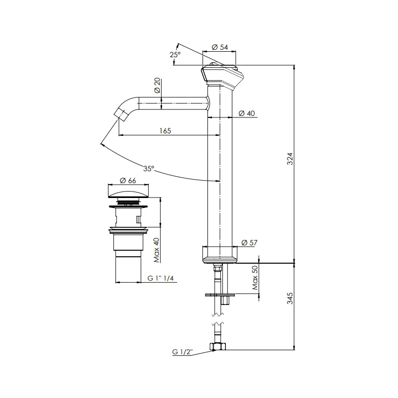 Miscelatore alto per lavabo con scarico click-clack e troppo pieno - serie Element