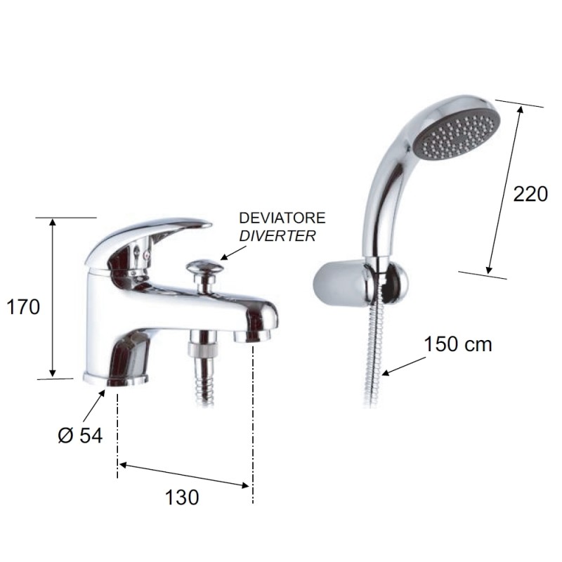 Rubinetto lavabo/vasca con deviatore integrato e kit doccia - serie ten Remer T03 Rubinetto lavabo/vasca con deviatore integrato e kit doccia - serie ten Remer T03