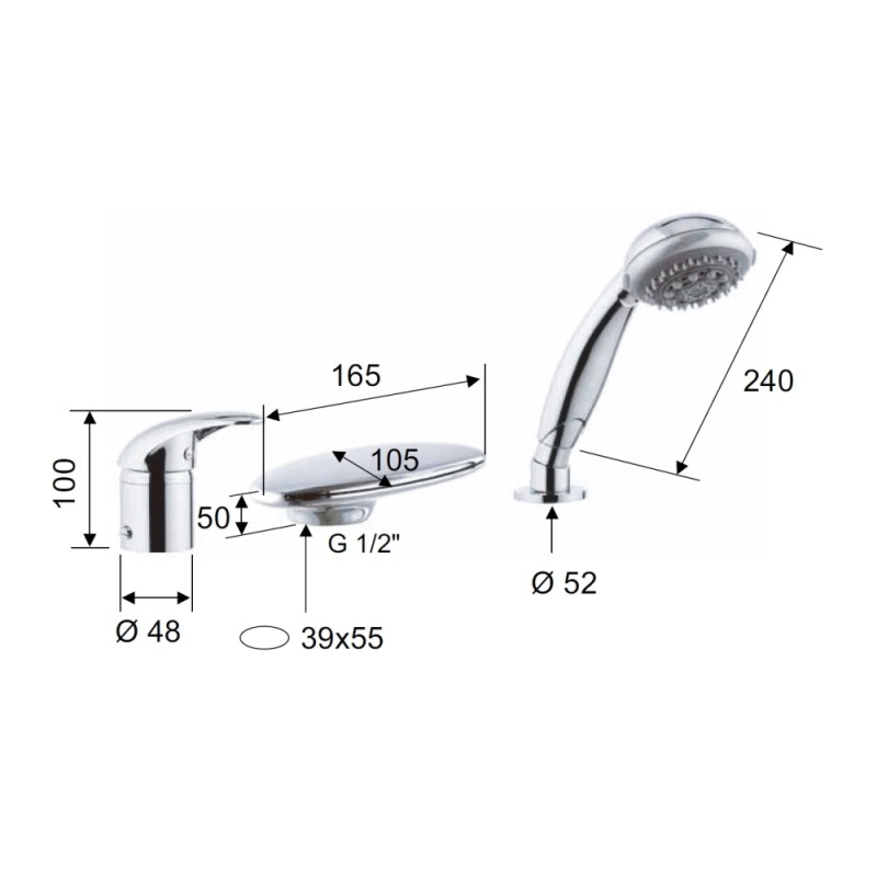 Rubinetto bordo vasca con deviatore, bocca pesante a cascata e doccetta - serie ten Remer T07UF Rubinetto bordo vasca con deviatore, bocca pesante a cascata e doccetta - serie ten Remer T07UF