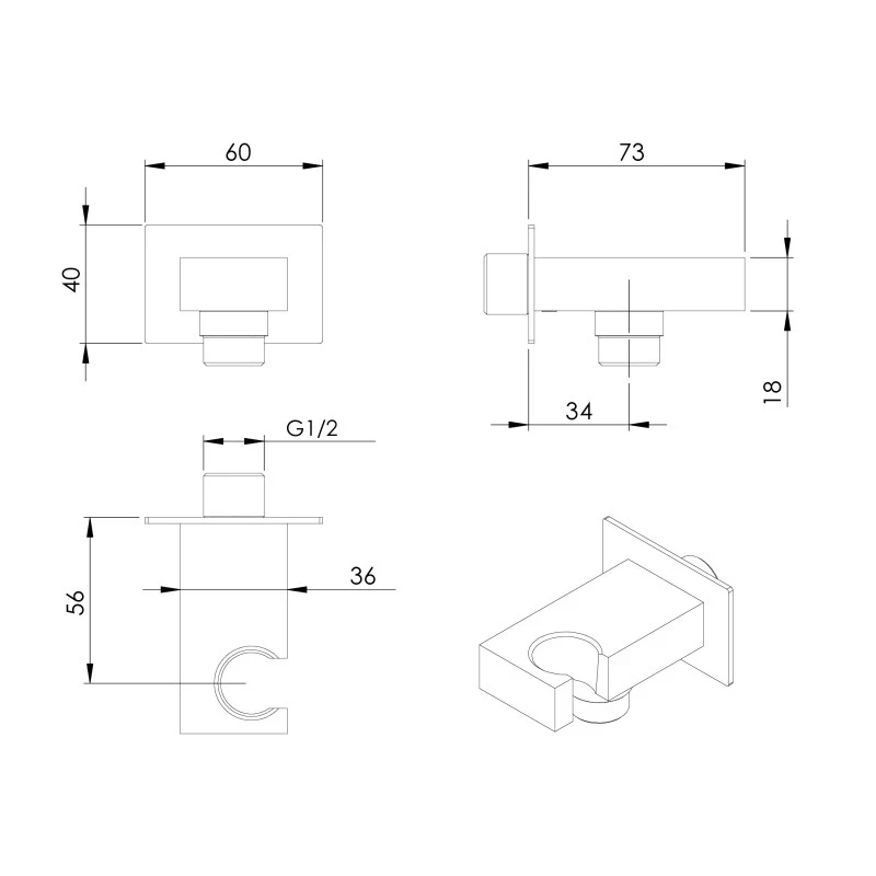Presa acqua rettangolare Remer con supporto ottone cromato