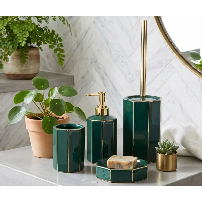 Set Accessori Bagno Smeraldo Aquasanit in Ceramica Verde e O