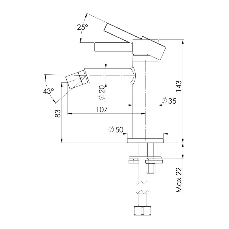 Miscelatore bidet inox senza scarico Metrica