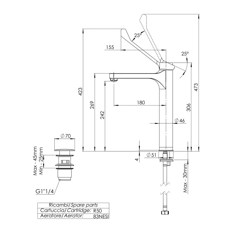 Miscelatore alto "XL" per lavabo con scarico click-clack, troppo pieno e leva clinica