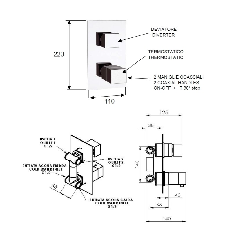 Rubinetto termostatico doccia, due posizioni su piastra unica - serie qubika thermo Remer QT92