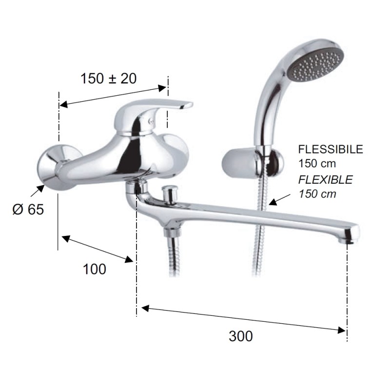Rubinetto lavabo/vasca con bocca fusa lunga e kit doccia - serie project Remer P49