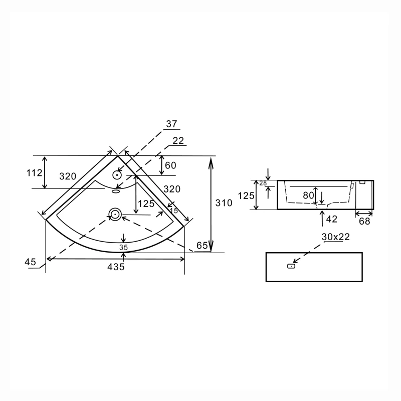 Lavabo ad angolo LINPH 43,5x31 cm