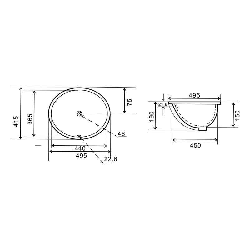 Lavabo sottopiano LINPH 49,5x41,5 cm