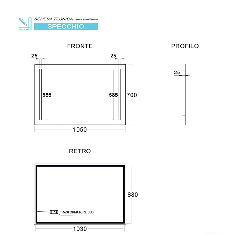 Specchio Gemini Feridras 70x105 cm retroilluminato
