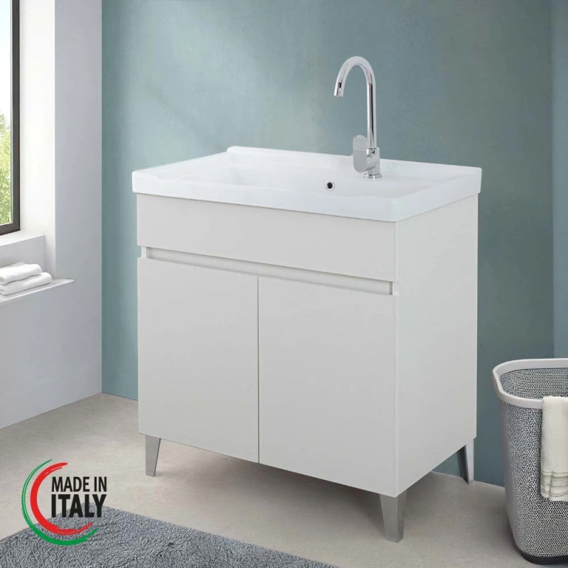 Mobile lavatoio Feridras 80 cm in bianco frassinato
