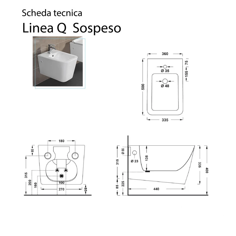 Bidet sospeso Feridras Linea Q in ceramica