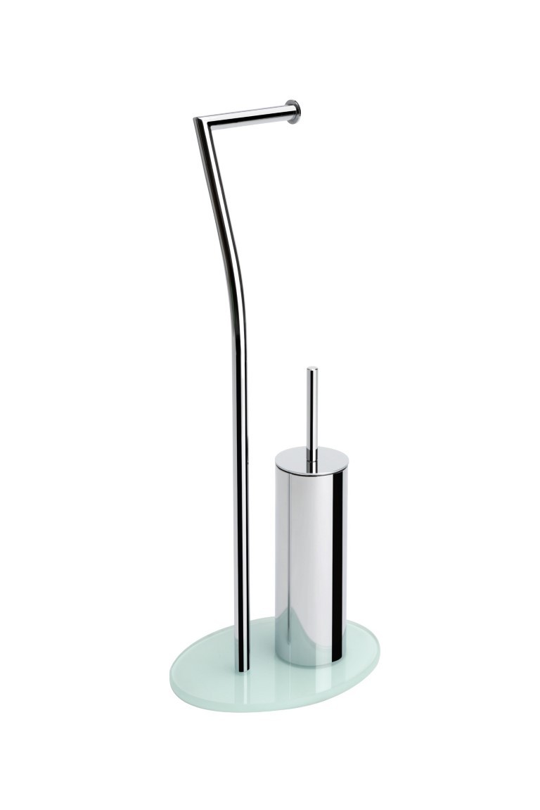 Piantana wc in metallo cromato con base in vetro bianca