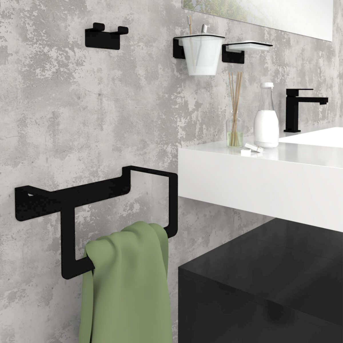 Set accessori bagno moderno in finitura nera opaca con dettagli in